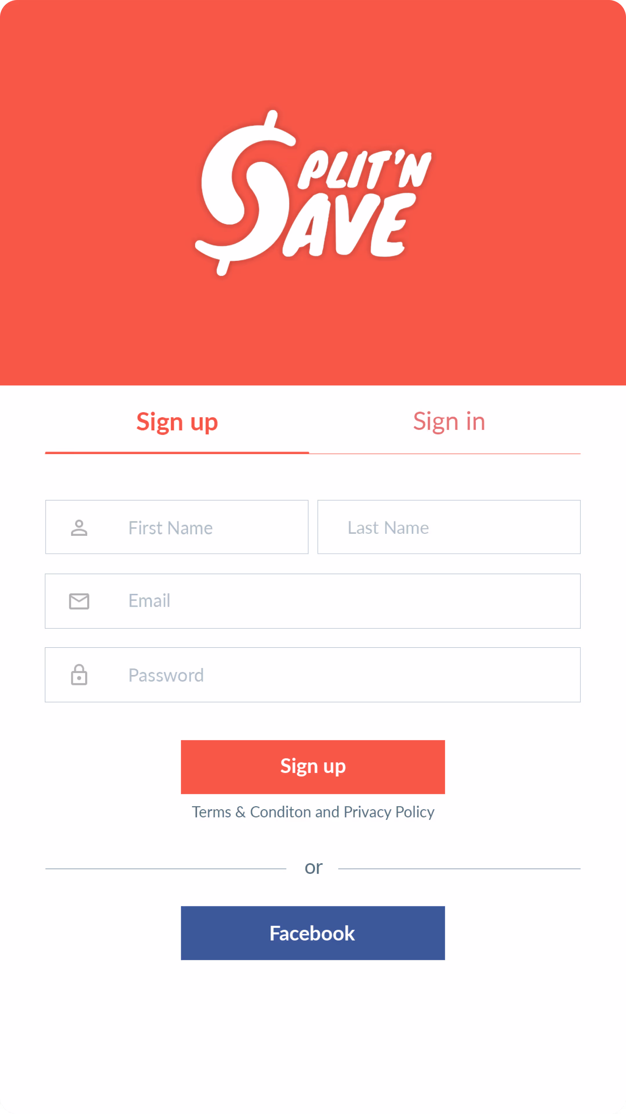 SplitnSave sign-up screen, final high-fidelity design