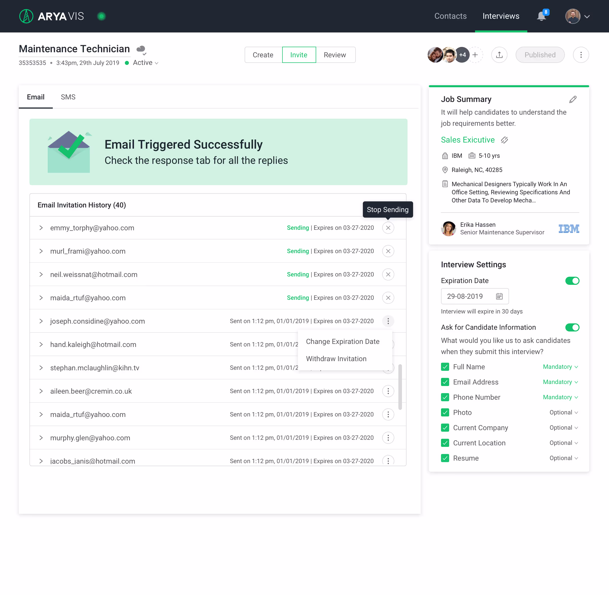 Arya VIS Invite tab showing the email invitation history sent to candidates