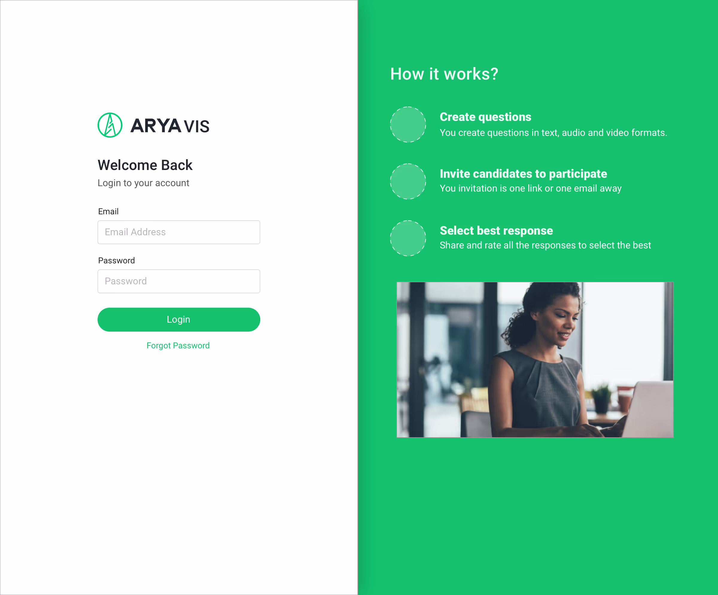 Arya VIS login screen with email and password fields