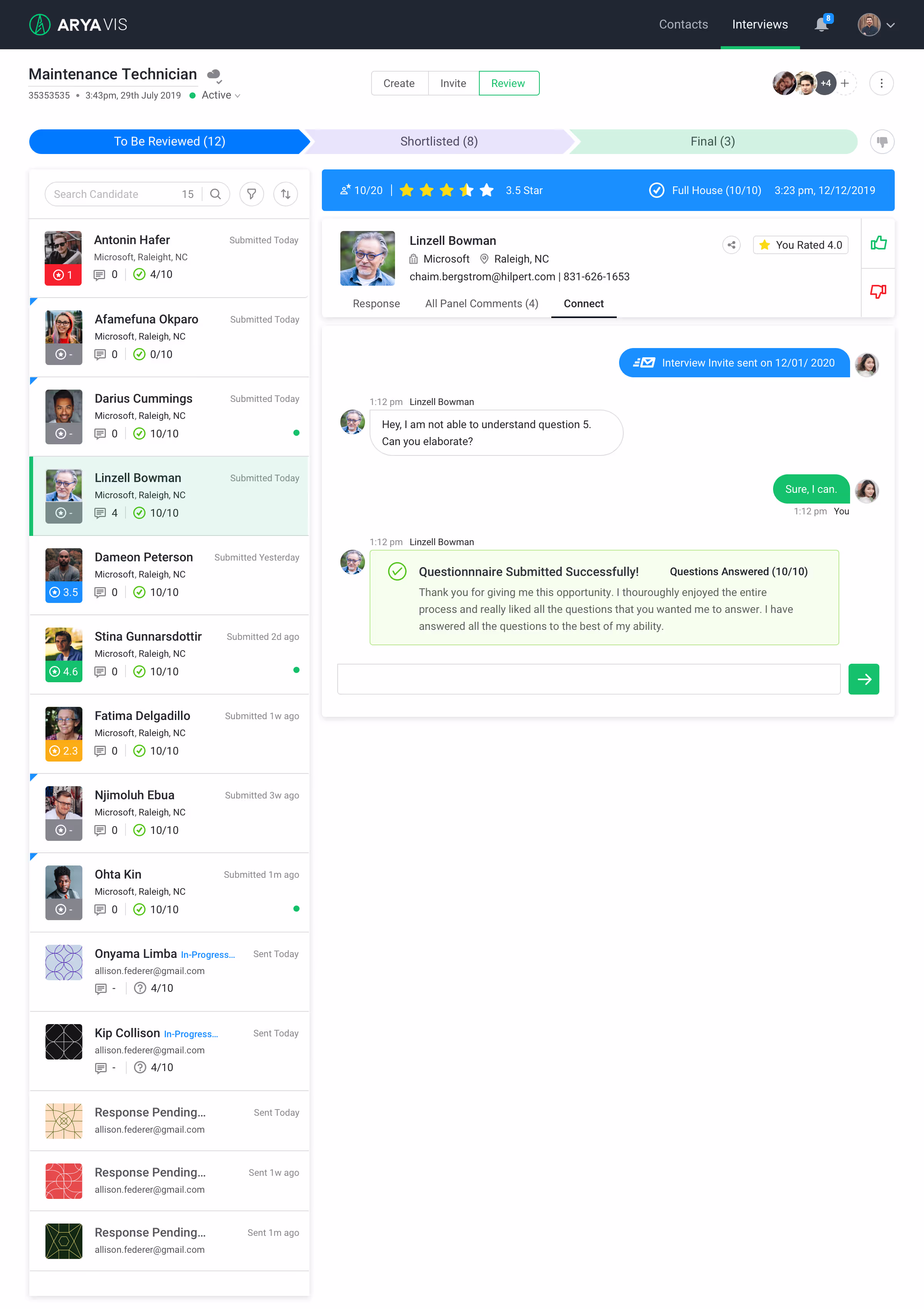 Arya VIS Connect tab showing a chat between the recruiter and a candidate who completed the questionnaire