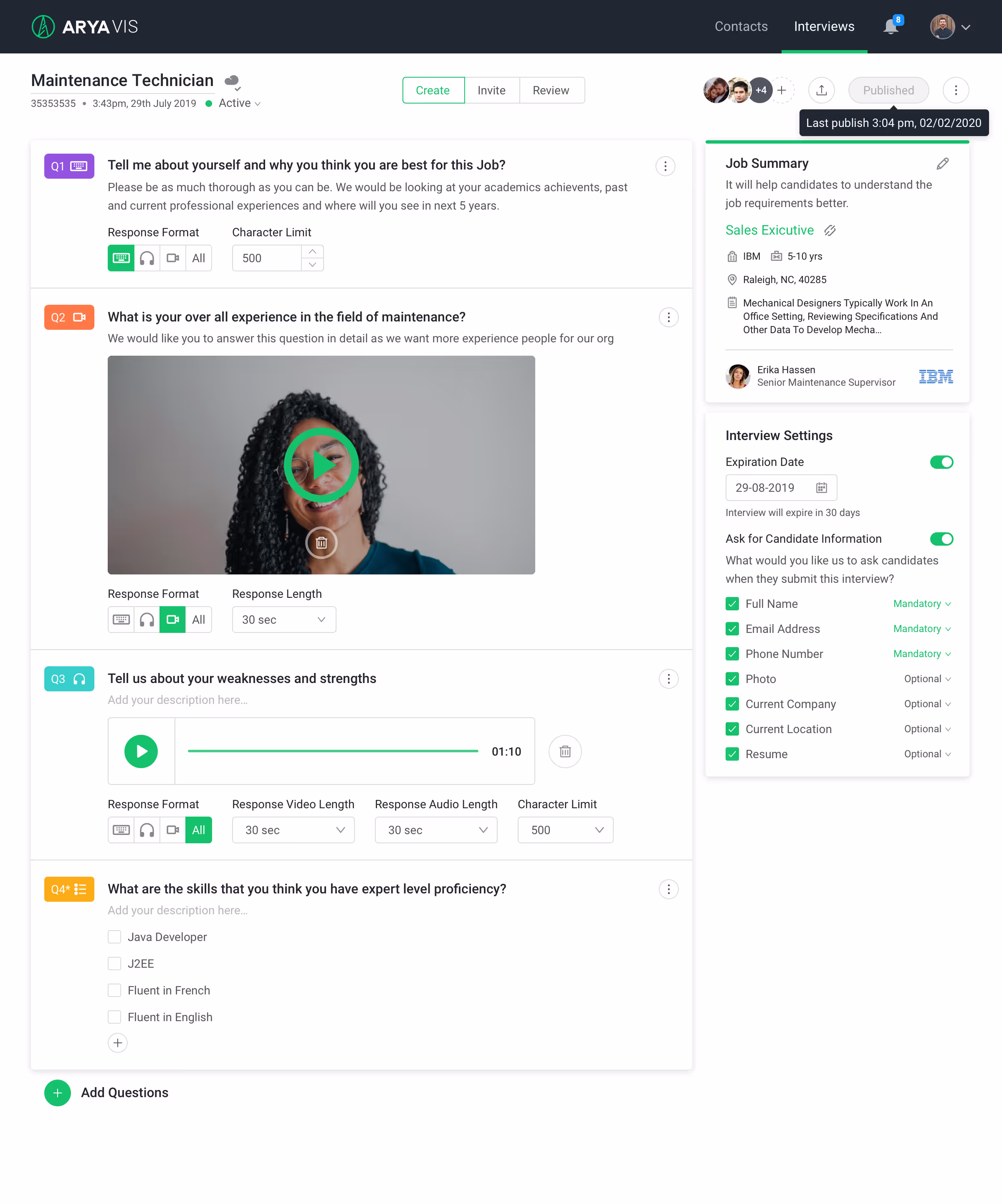 Arya VIS interview builder showing text, video, audio, and checklist question types with response-format settings