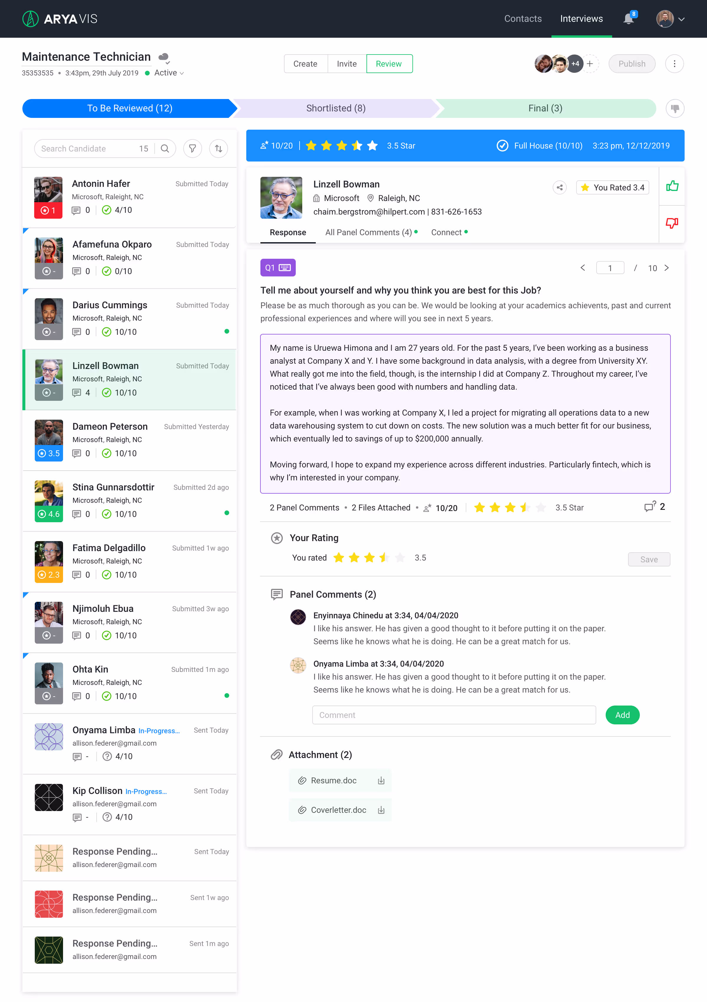 Arya VIS Review tab showing a candidate's written response with panel rating, comments, and an attached resume