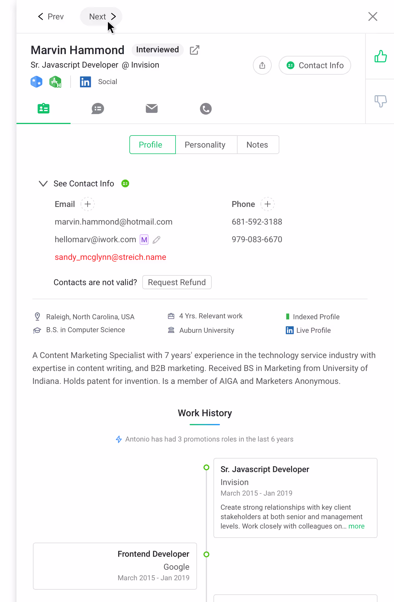 Arya candidate profile panel showing contact details and a work-history timeline