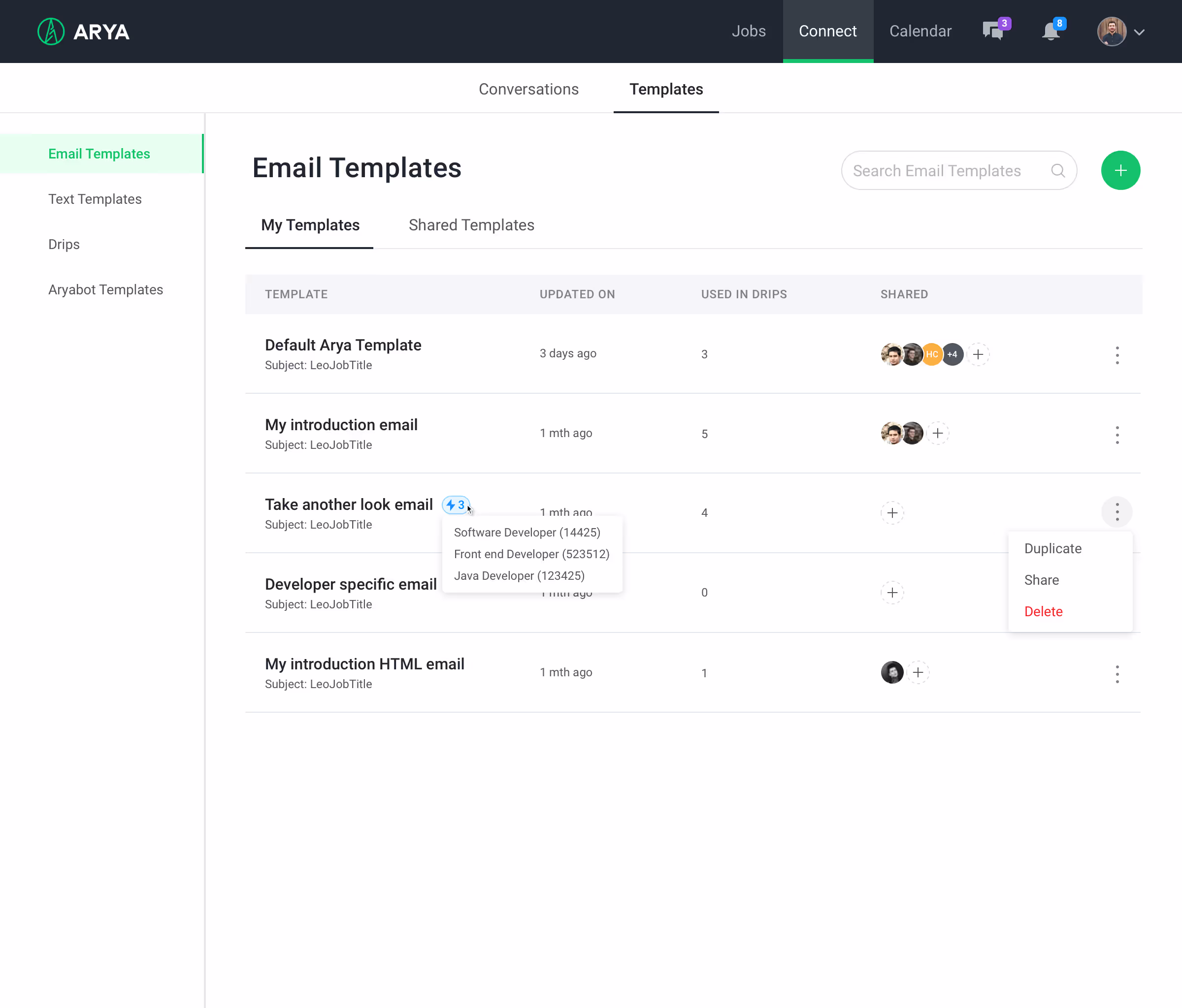 Arya Connect Templates screen showing a list of saved email templates