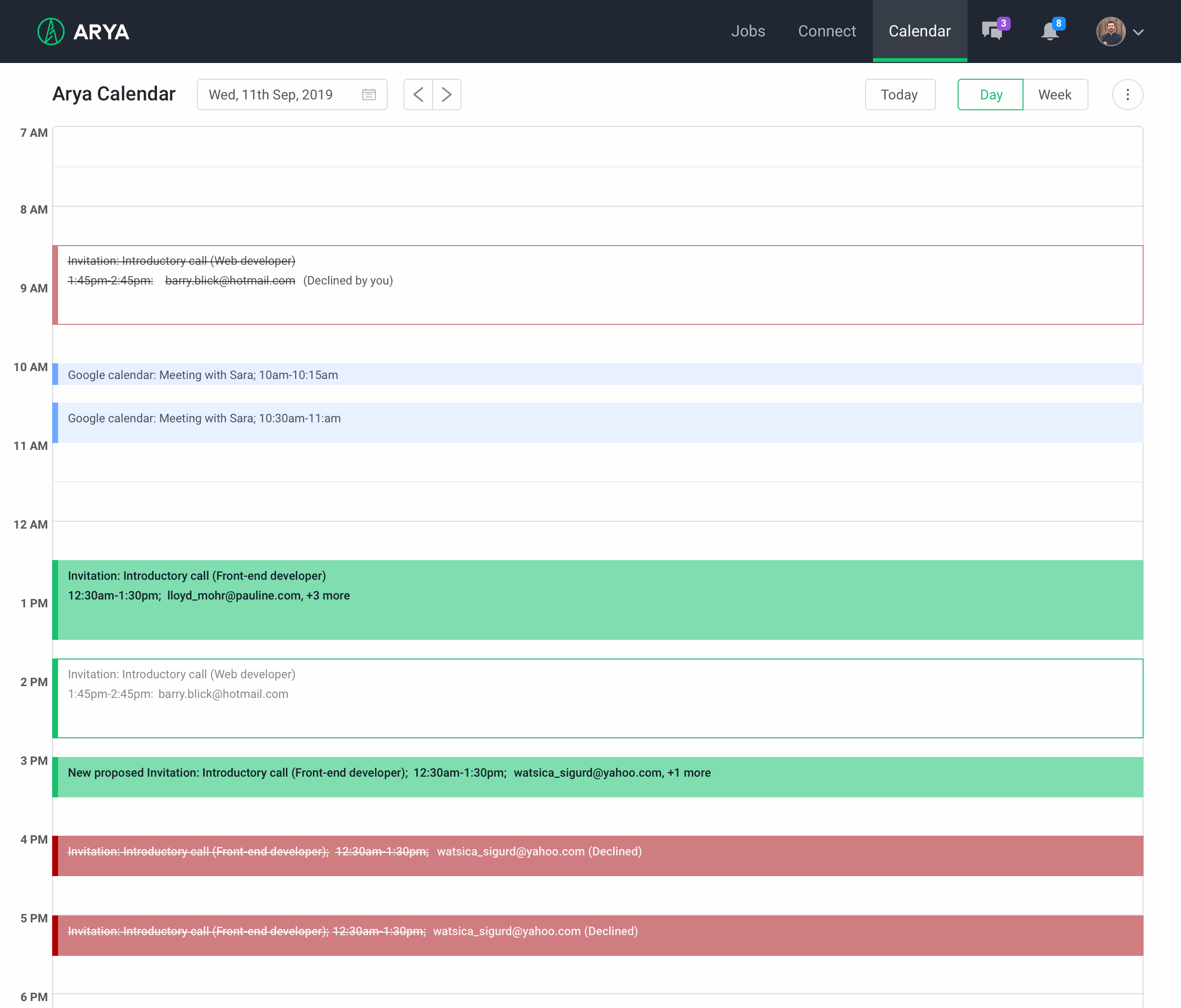 Arya Calendar screen showing scheduled candidate interview invitations and meetings