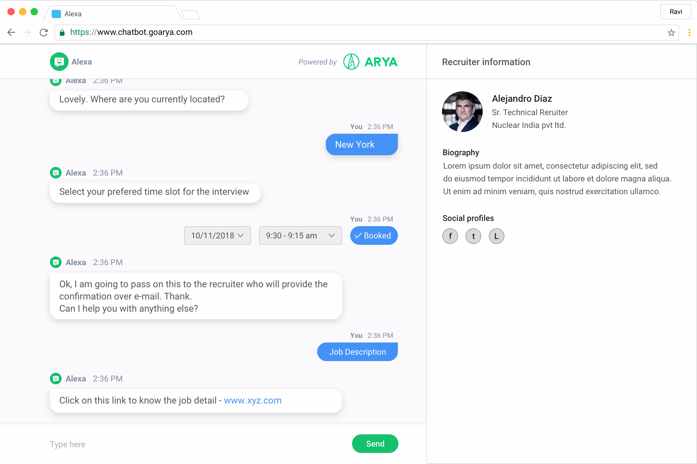 Arya's Alexa chatbot widget scheduling a candidate interview and displaying recruiter details