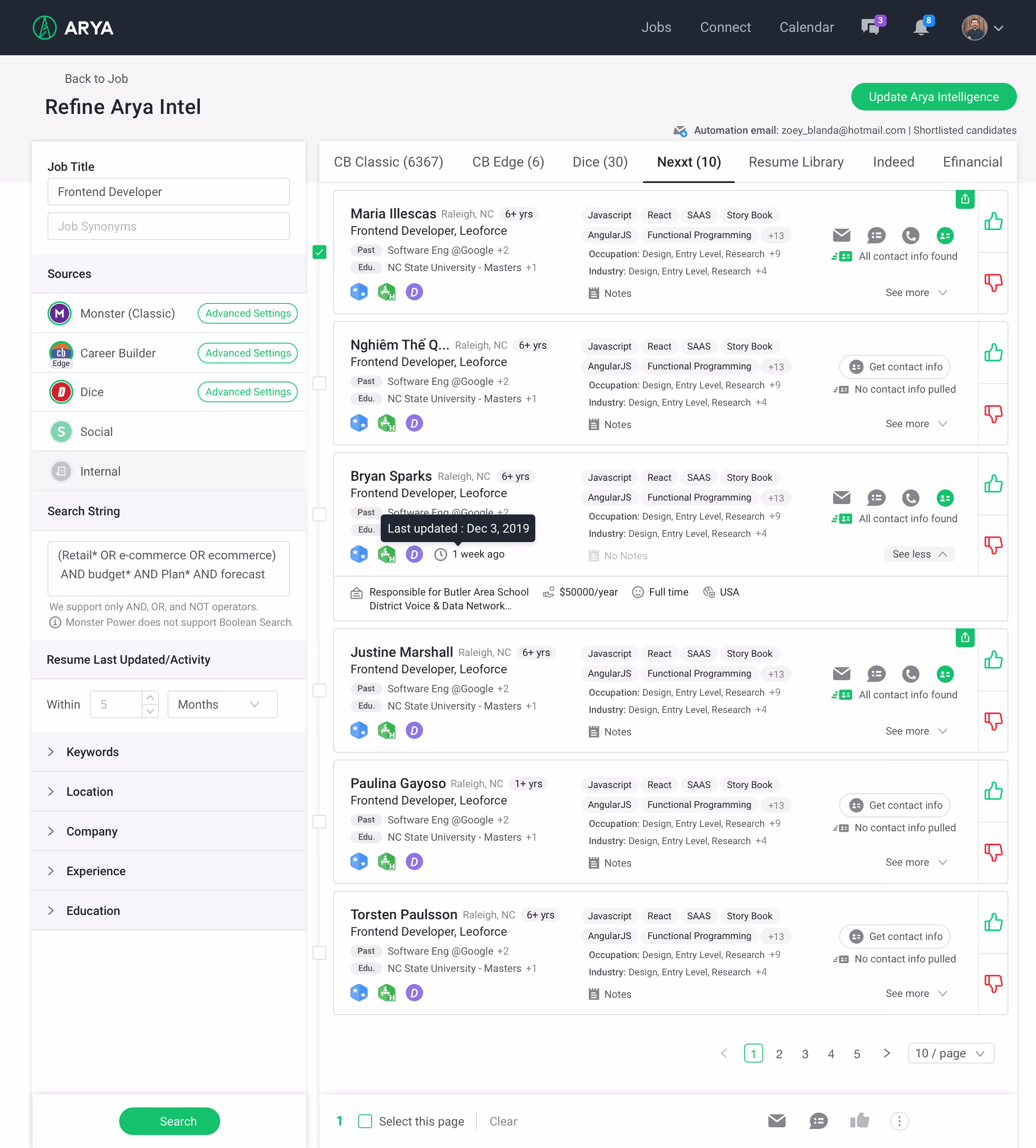 Arya 'Refine Arya Intel' screen showing candidate results pulled from multiple sourcing channels