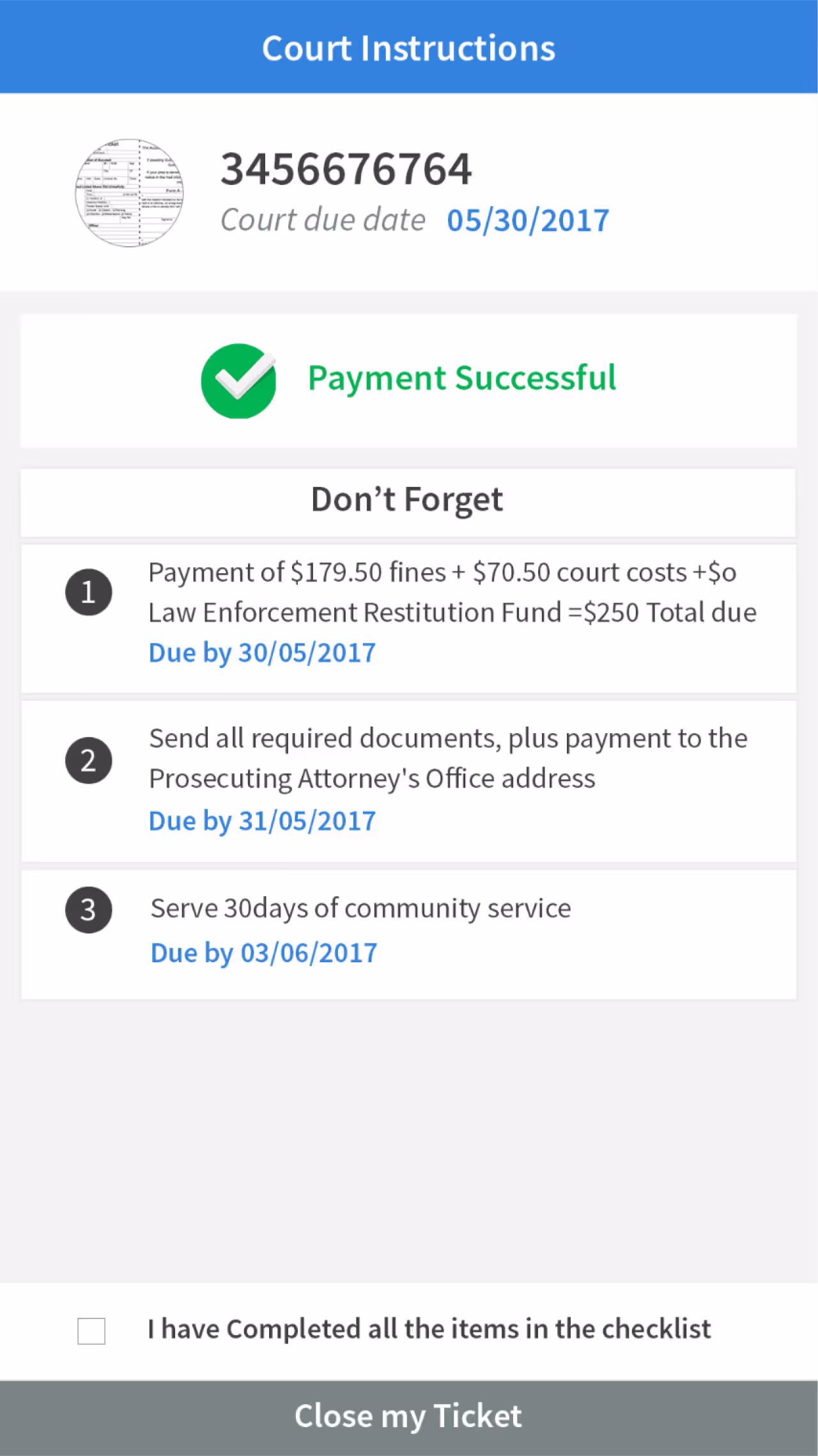 Resqyou mobile app screen 26 of 30 from the Missouri traffic-ticket amendment flow