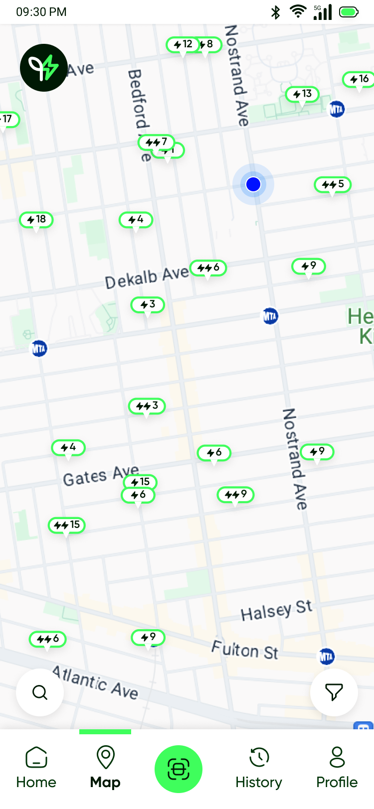 Spark app map view of EV charging station locations