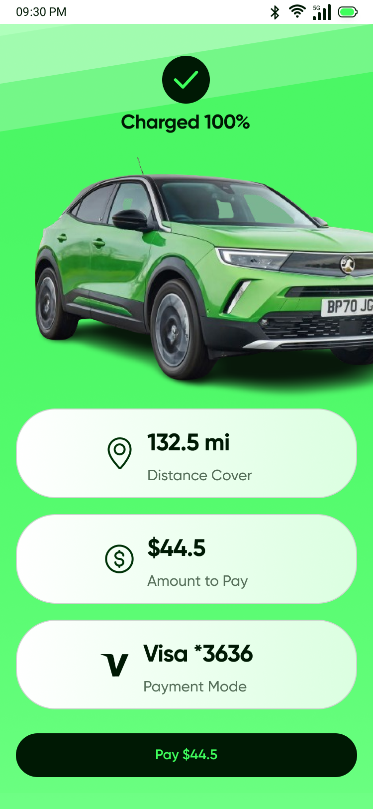 Spark app screen showing a vehicle charged to 100 percent