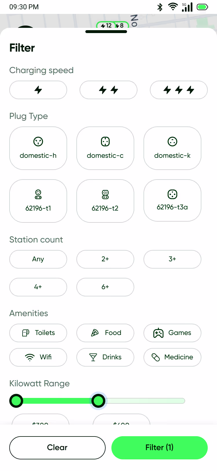 Spark app filter screen for narrowing the charging-station search