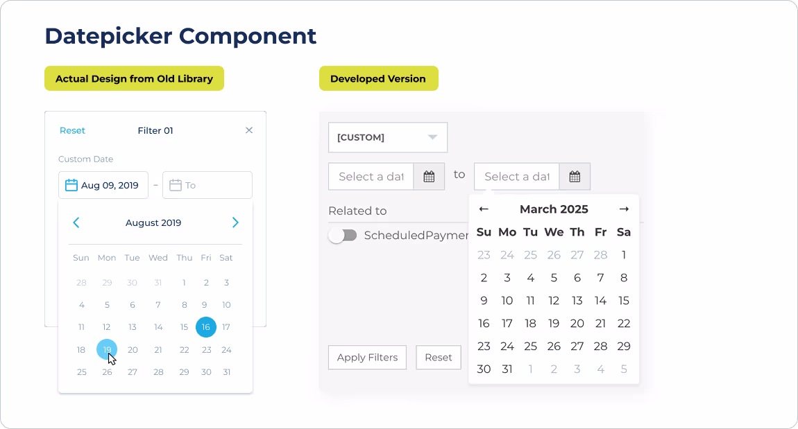Datepicker component screenshot from the presentation, showing inconsistent date-picker styles across the product