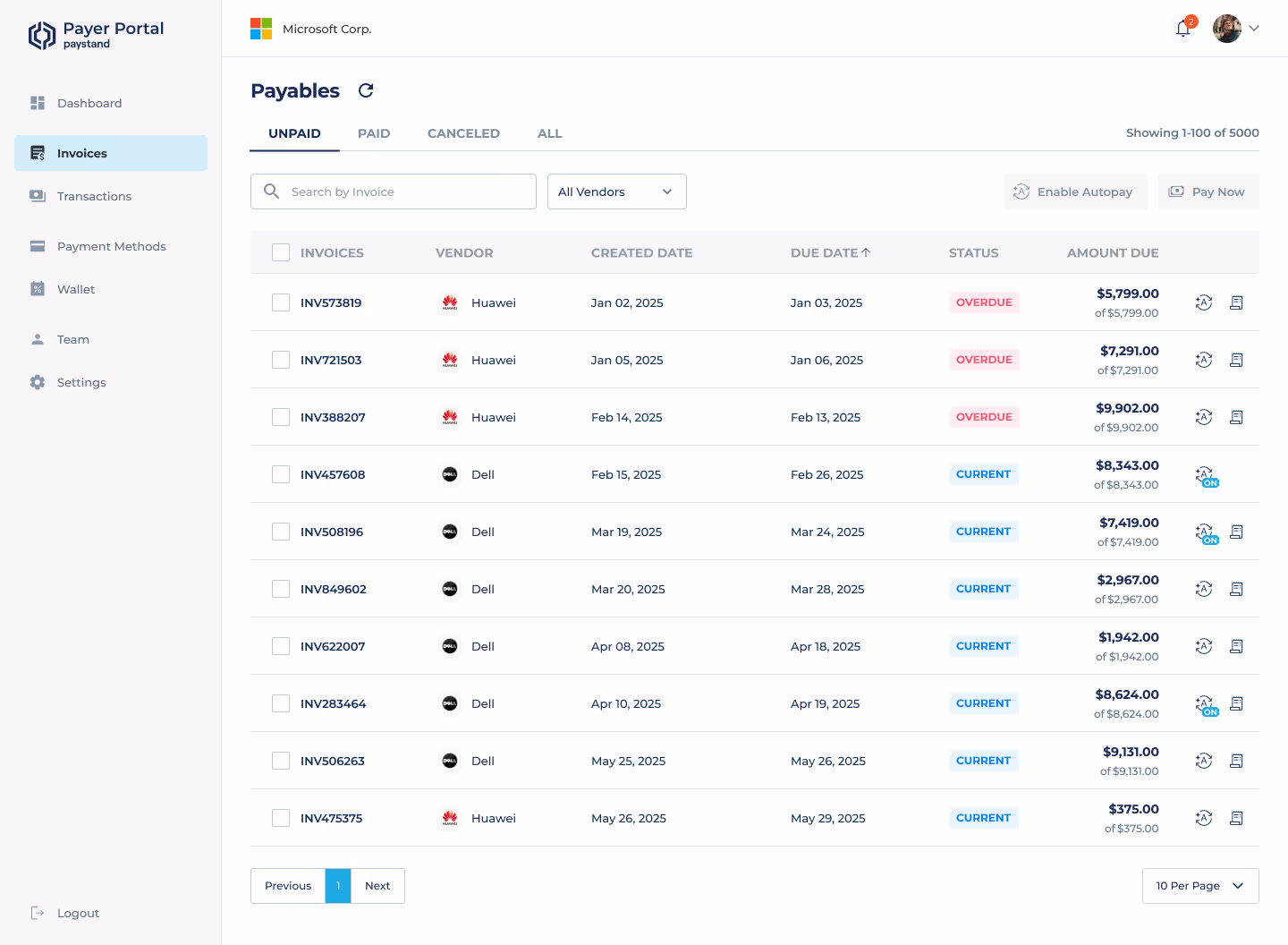 Payer Portal Payables list filtered to unpaid invoices, showing vendor, due date, and payment status