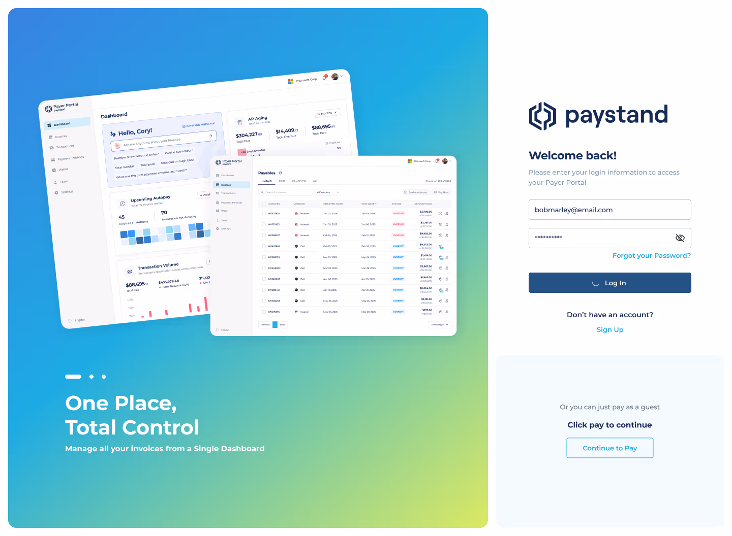 Payer Portal login screen next to a 'One Place, Total Control' preview of the invoice dashboard