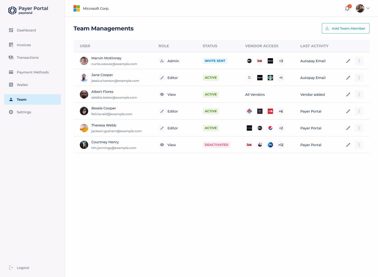 Payer Portal Team Management screen listing users, roles, and vendor access