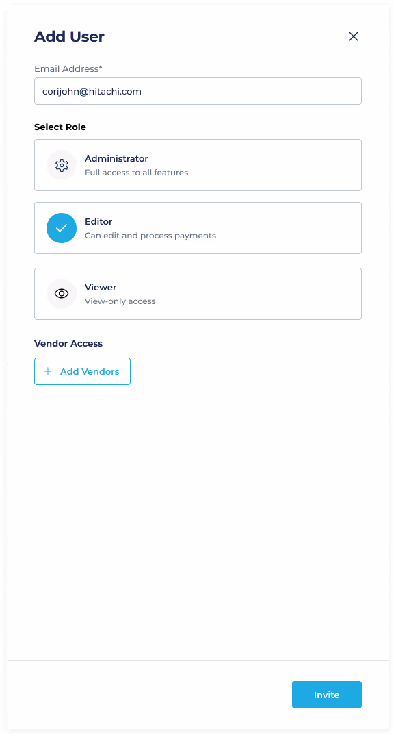 Payer Portal 'Add User' modal for inviting a team member and assigning a role