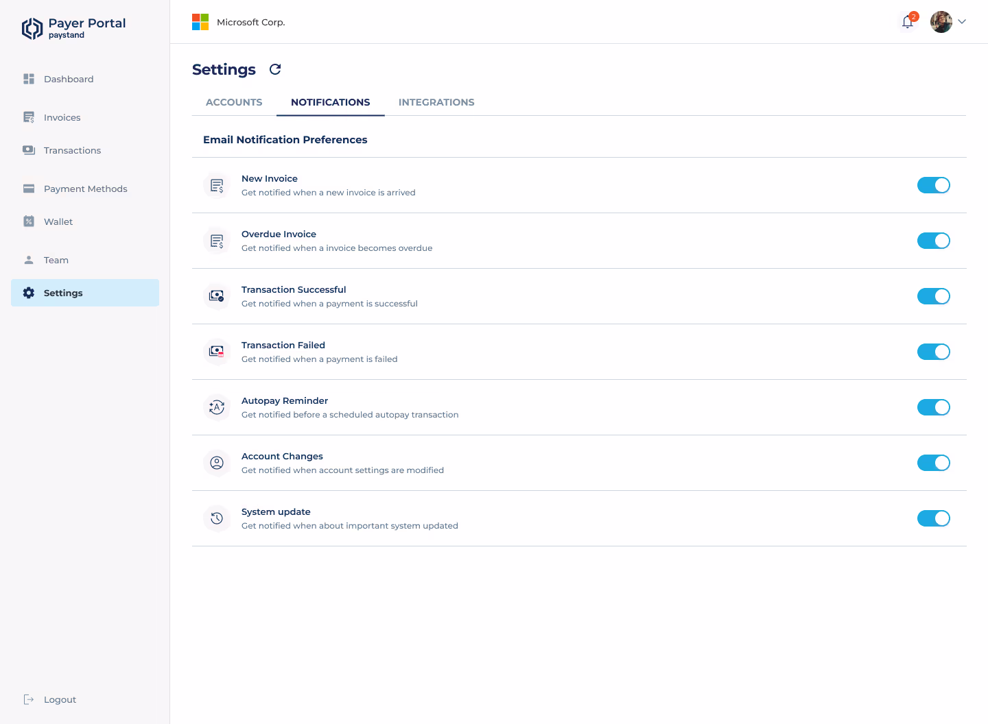Payer Portal Settings screen showing email notification preferences