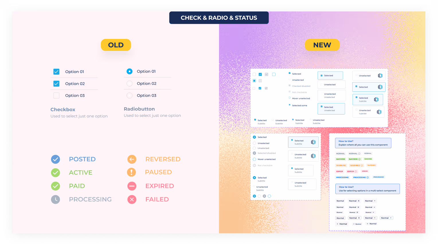 Redesigned checkbox, radio button, and status tag components in the new Paystand design system