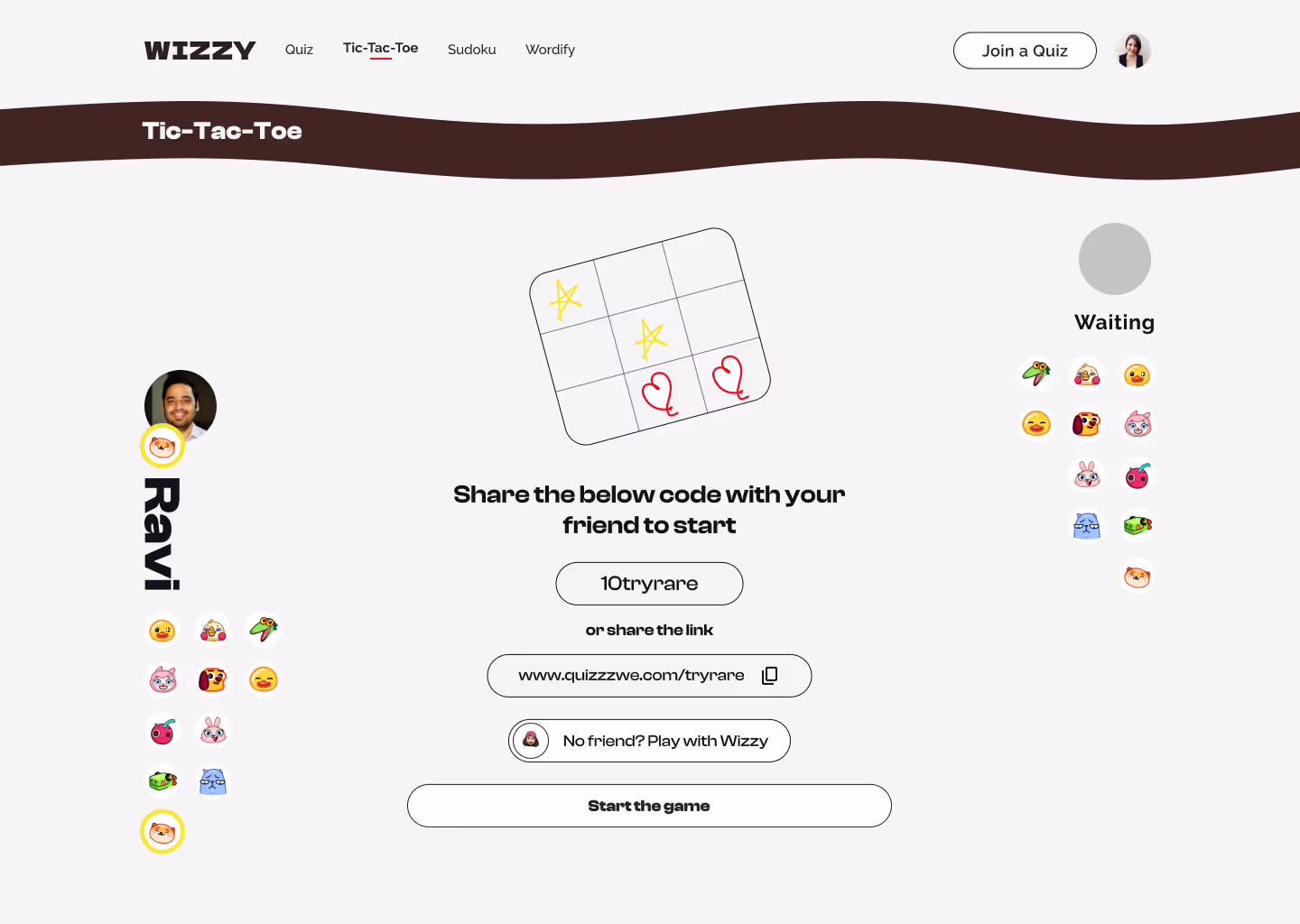 Wizzy quiz app screen (design frame 70)