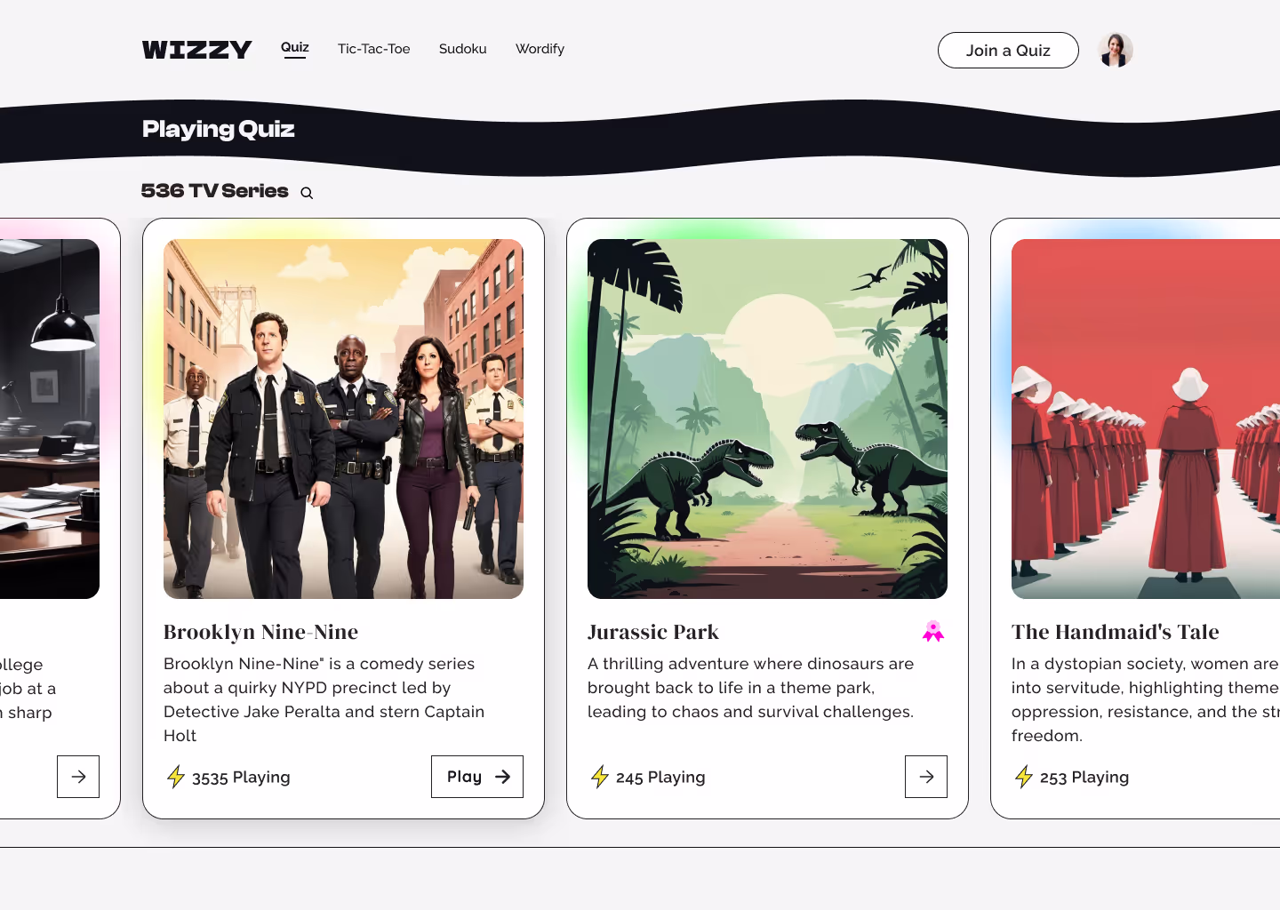 Wizzy quiz app home screen, hover state