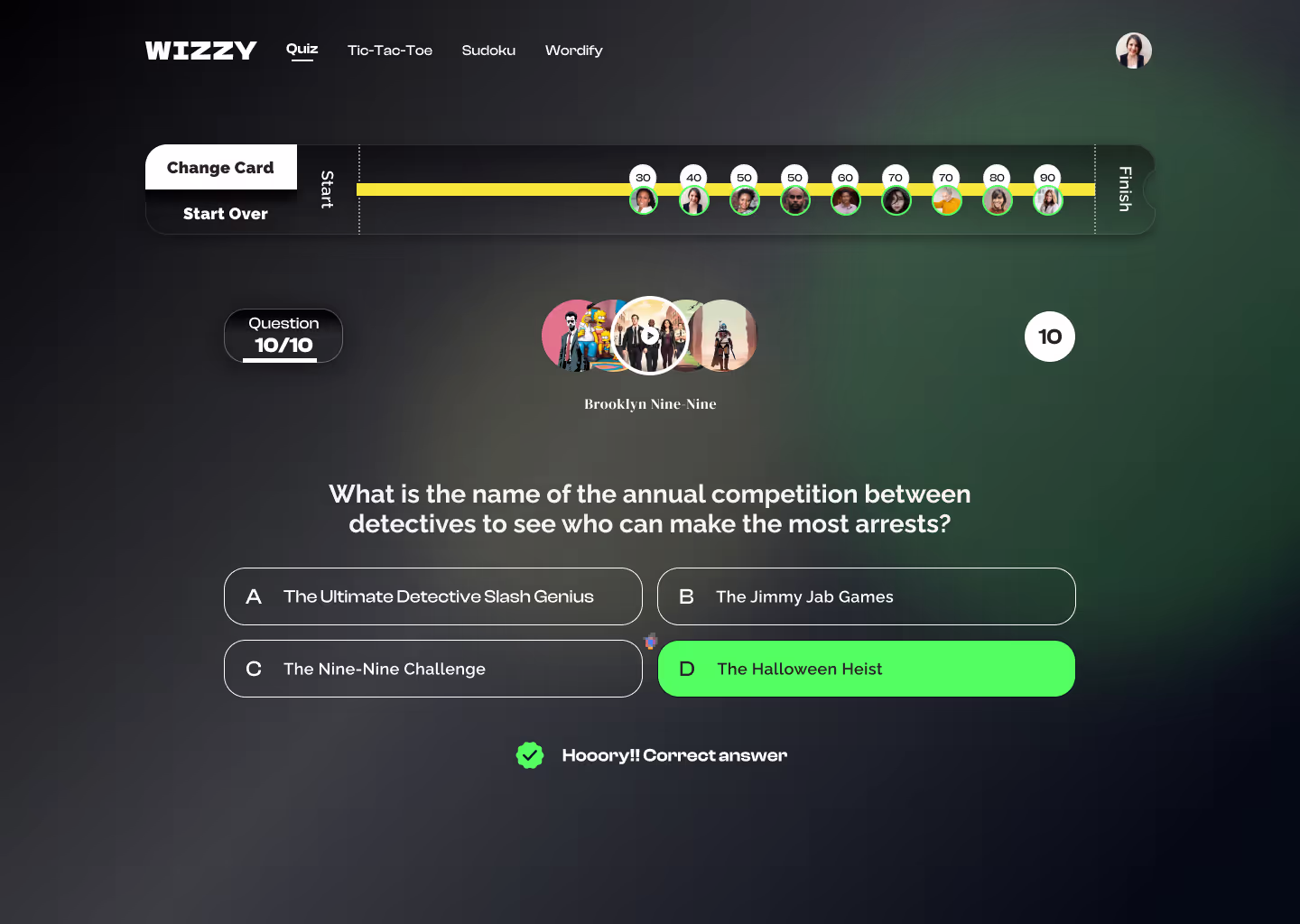 Wizzy quiz app screen (design frame 55)