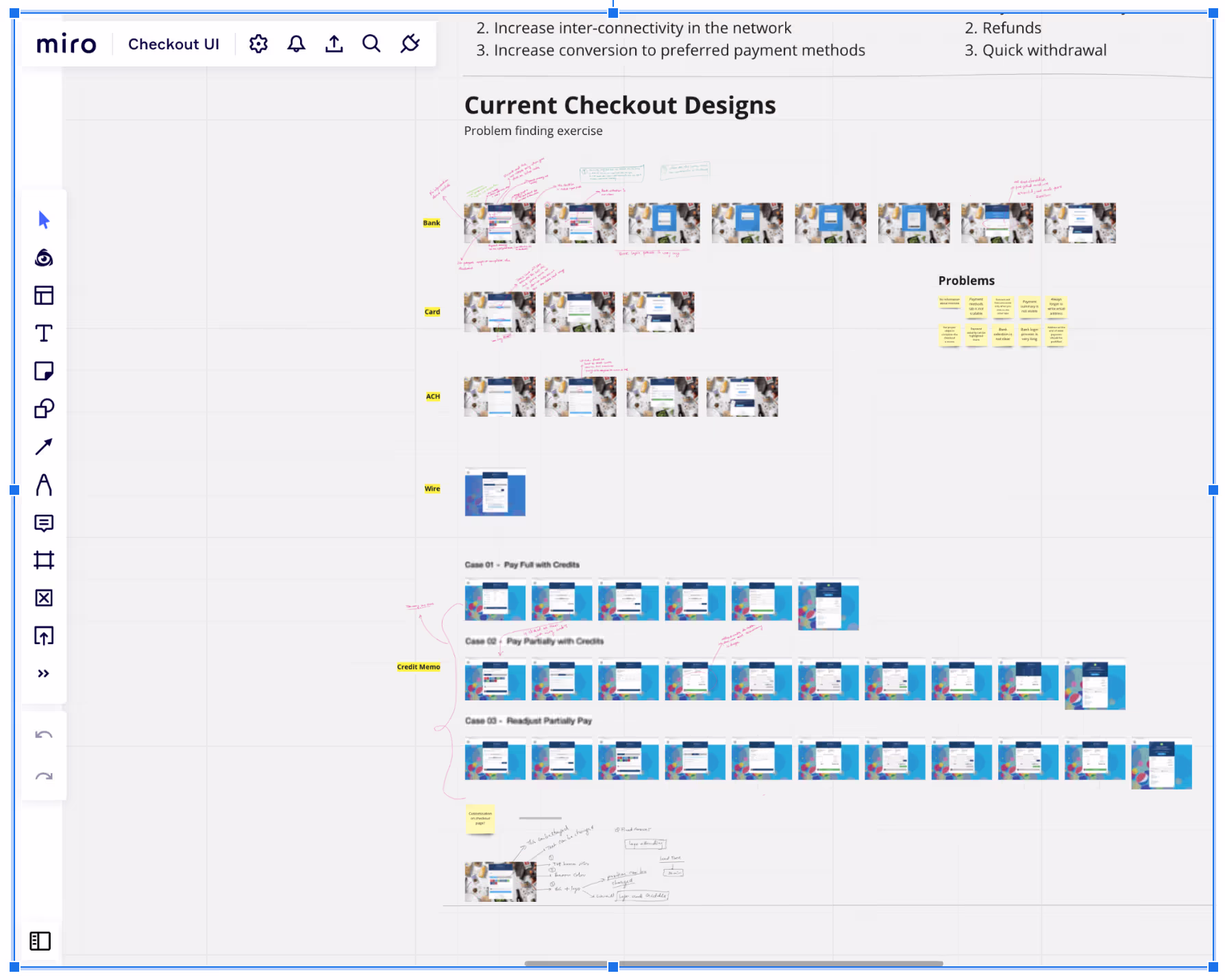 Miro board mapping the existing checkout screens by payment method (Bank, Card, ACH, Wire, Credit Memo) with usability problems flagged