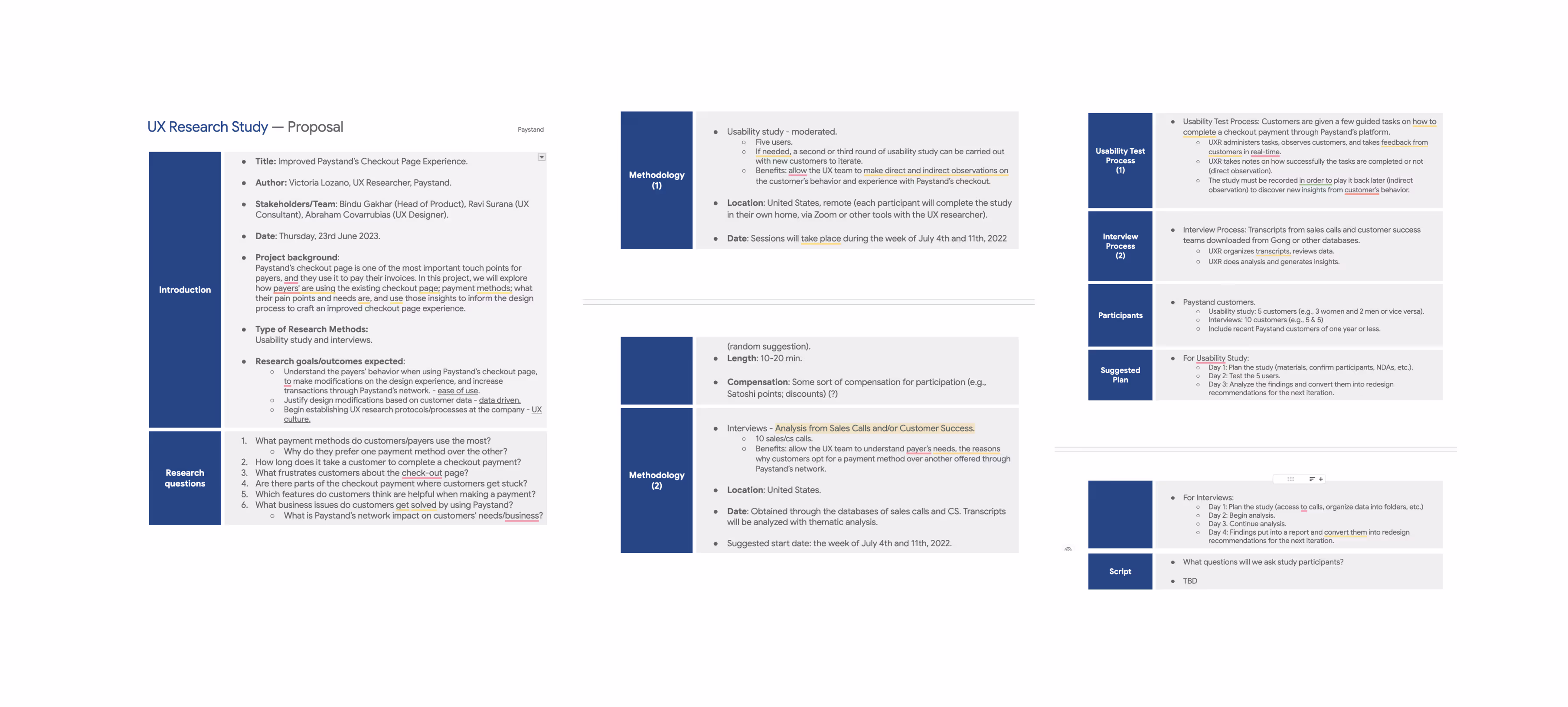 UX research study proposal outlining the usability-testing and interview methodology for the checkout redesign