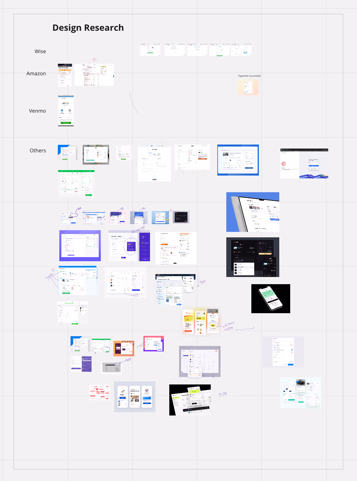 Design-inspiration moodboard collecting checkout and payment UI patterns from Wise, Amazon, Venmo, and other products