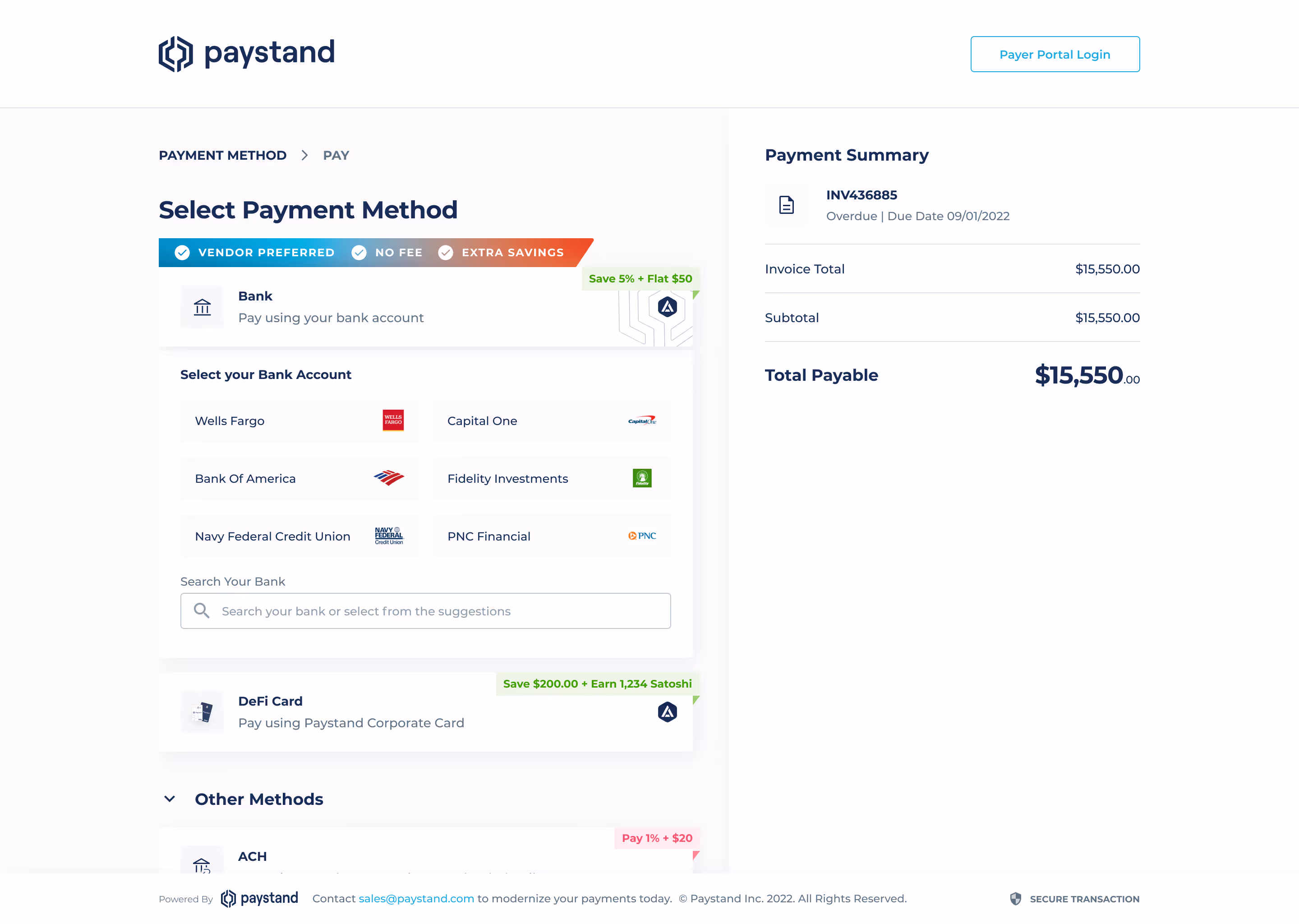 Final checkout design: payment method selection screen listing bank, credit card, and DeFi Card options