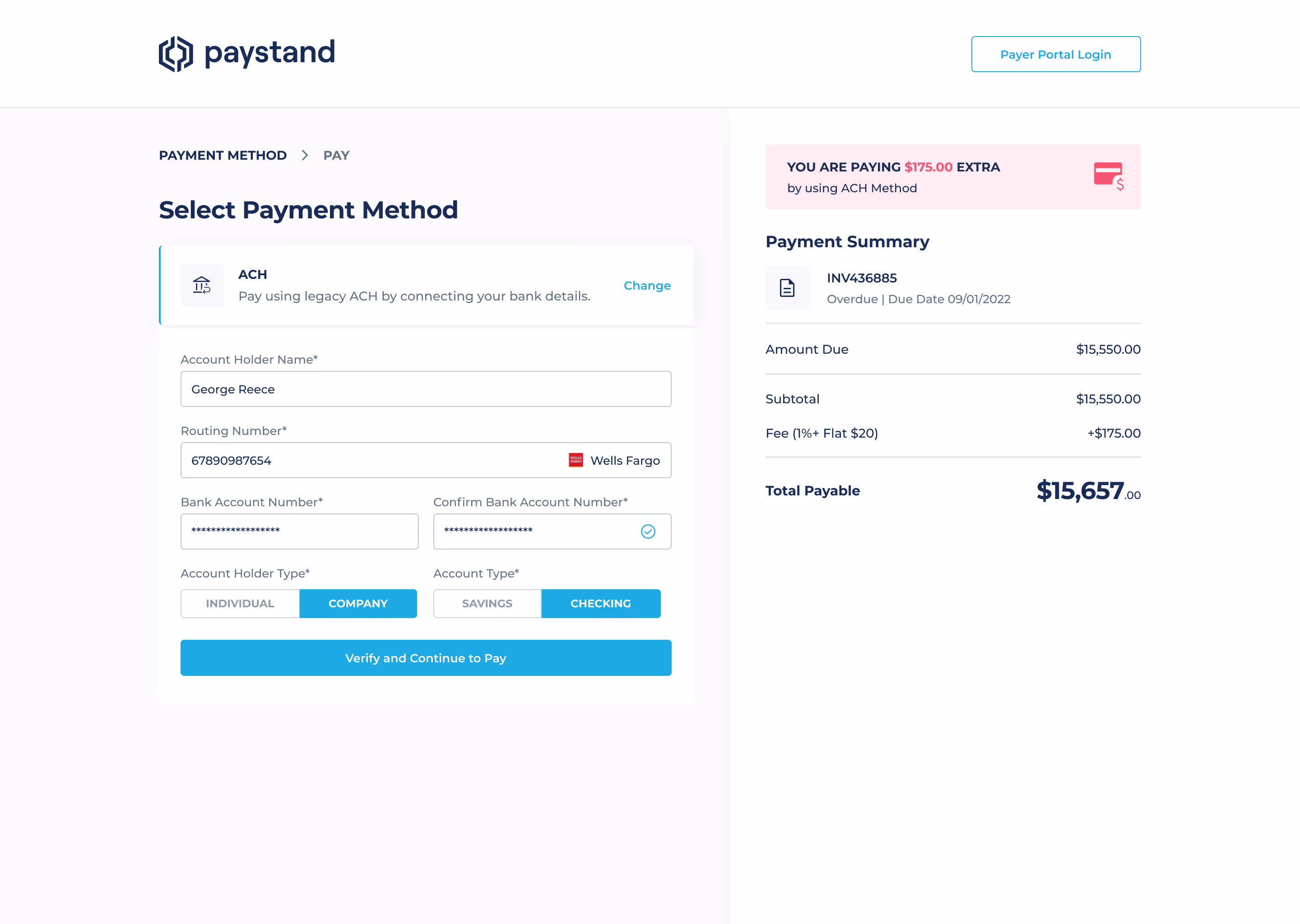 Final checkout design: ACH payment step showing account details entry