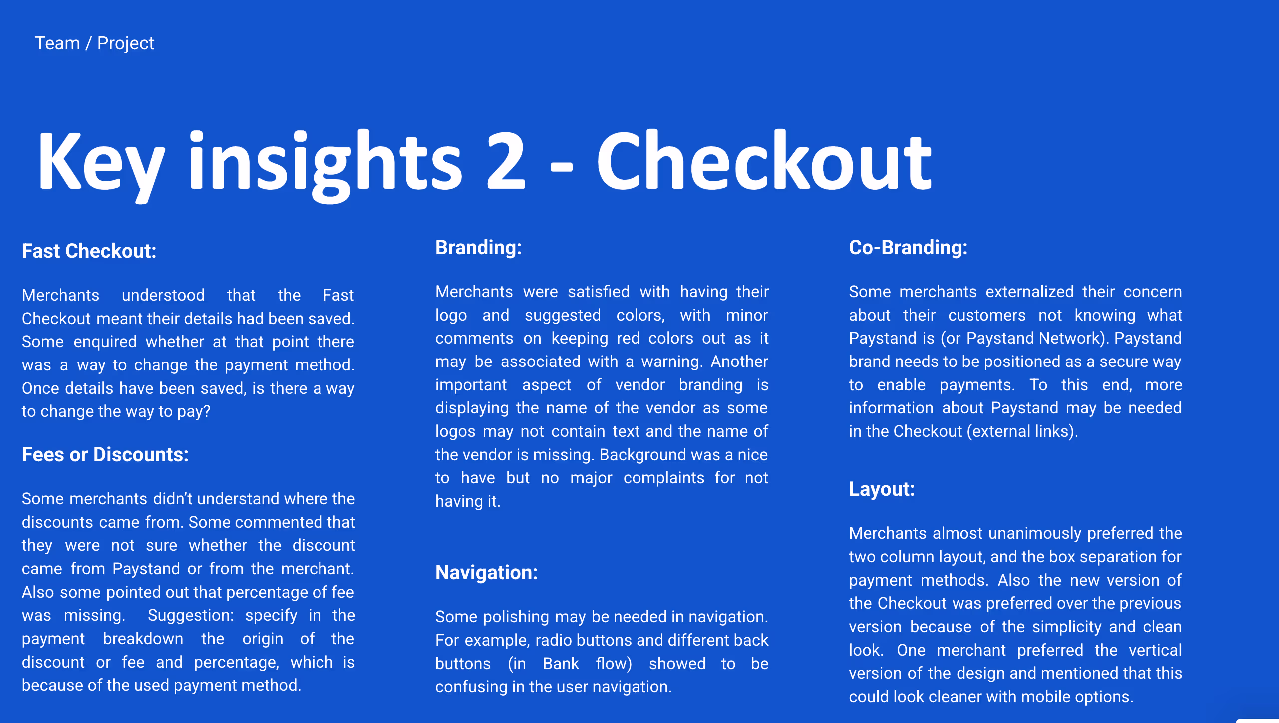 Slide summarizing further usability insights: fast checkout, fees and discounts, branding, and layout preferences