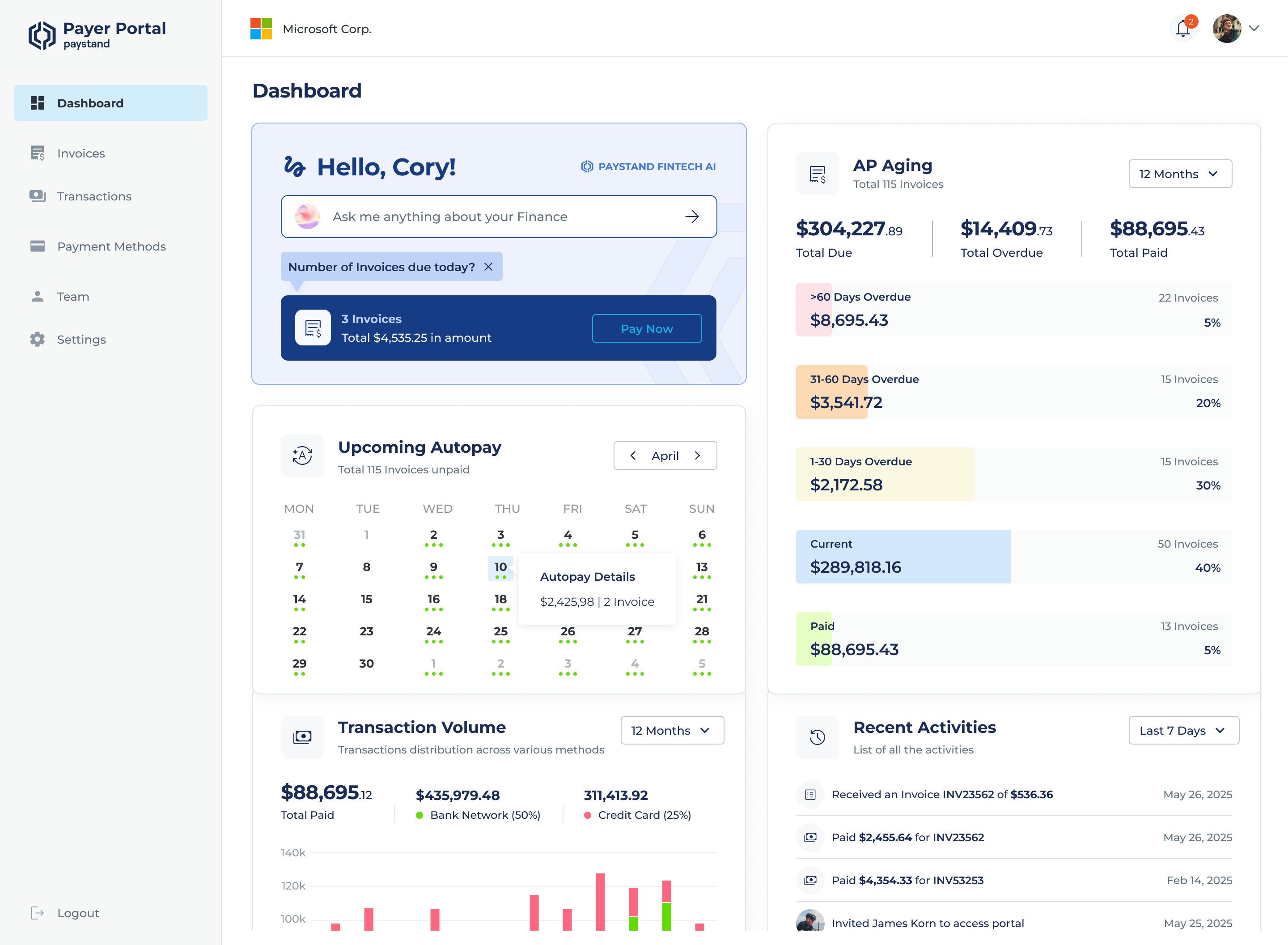 Payer Portal dashboard with the AI assistant answering 'Number of Invoices due today?' and offering a Pay Now action