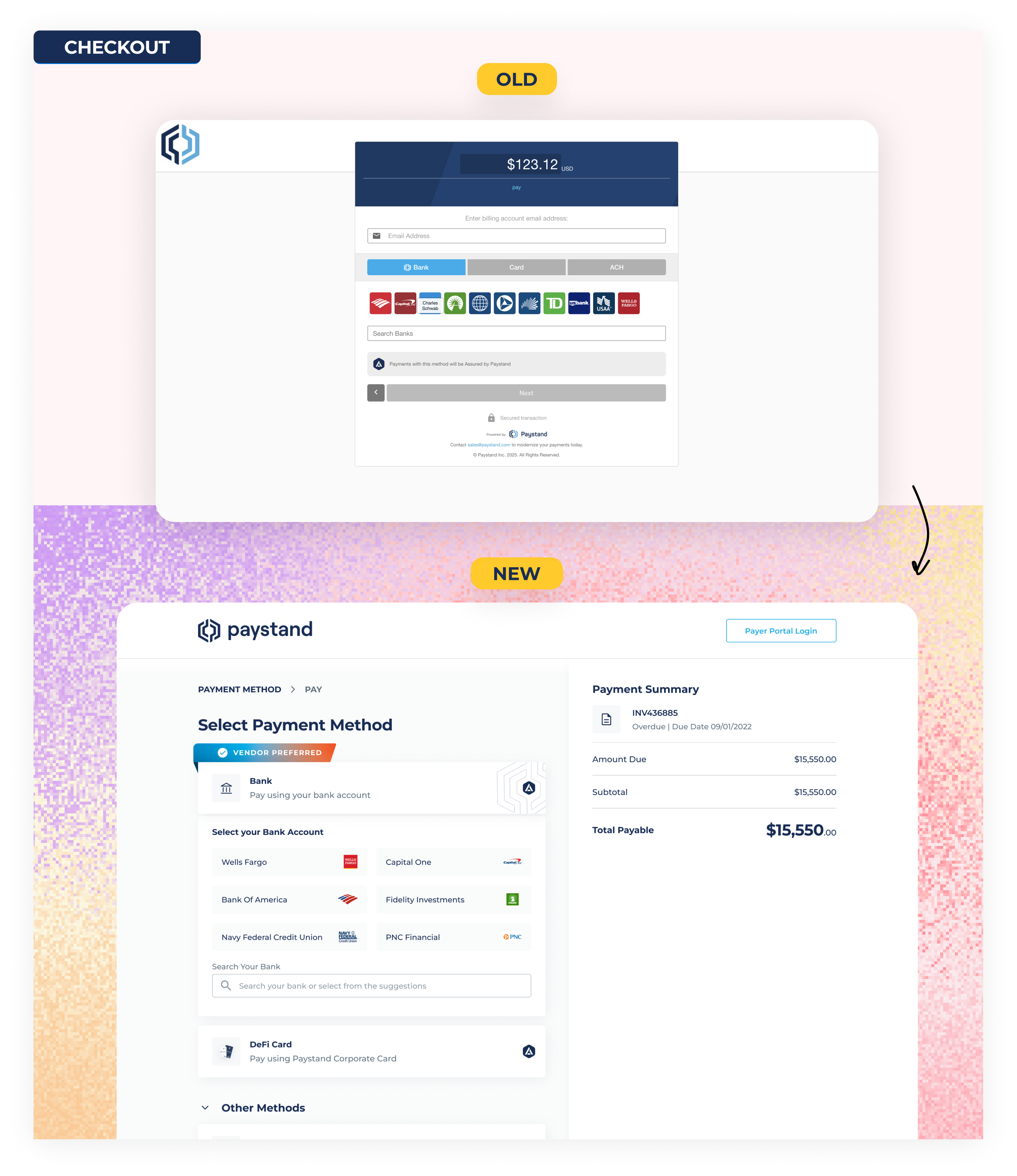 Side-by-side comparison of the old Paystand checkout widget and the new redesigned checkout with DeFi Card support